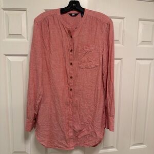 Lands End coral pink  Linen Mandarin Collar button down tunic with pockets